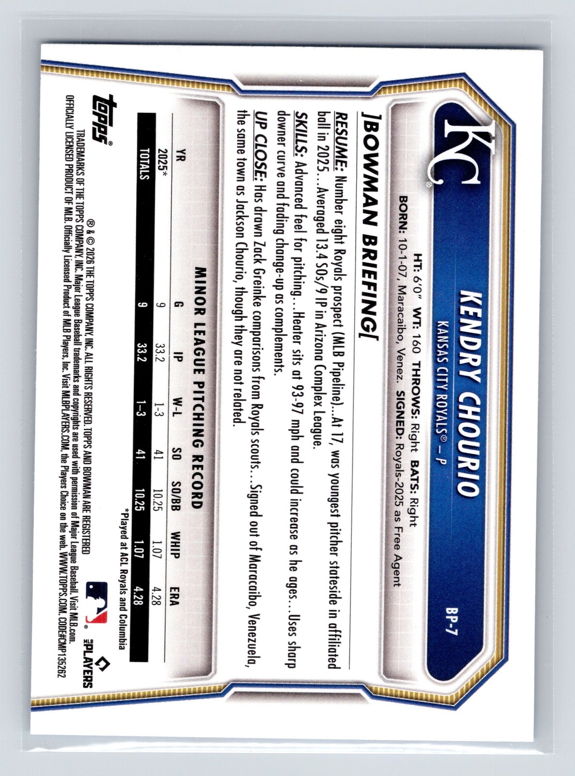 2026 Bowman #BP-7 Kendry Chourio Prospects Blue Pattern #/150