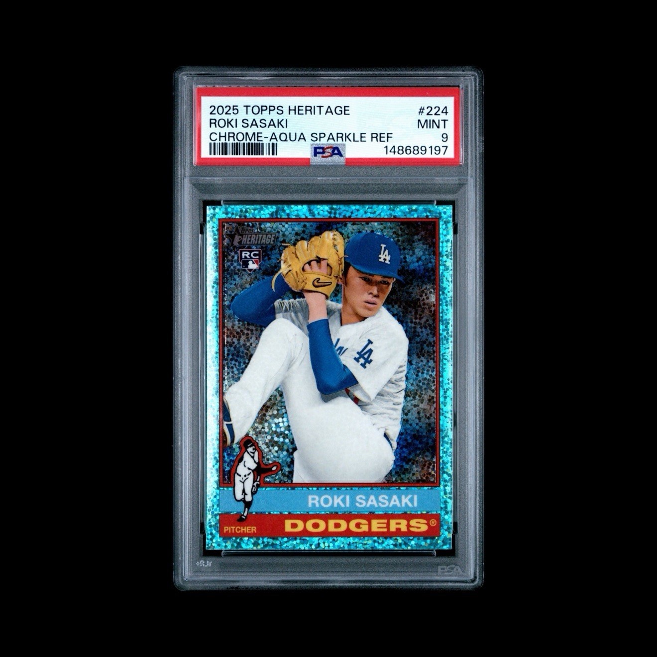 2025 Topps Heritage Roki Sasaki RC – Chrome Aqua Sparkle Refractor #244 – PSA 9