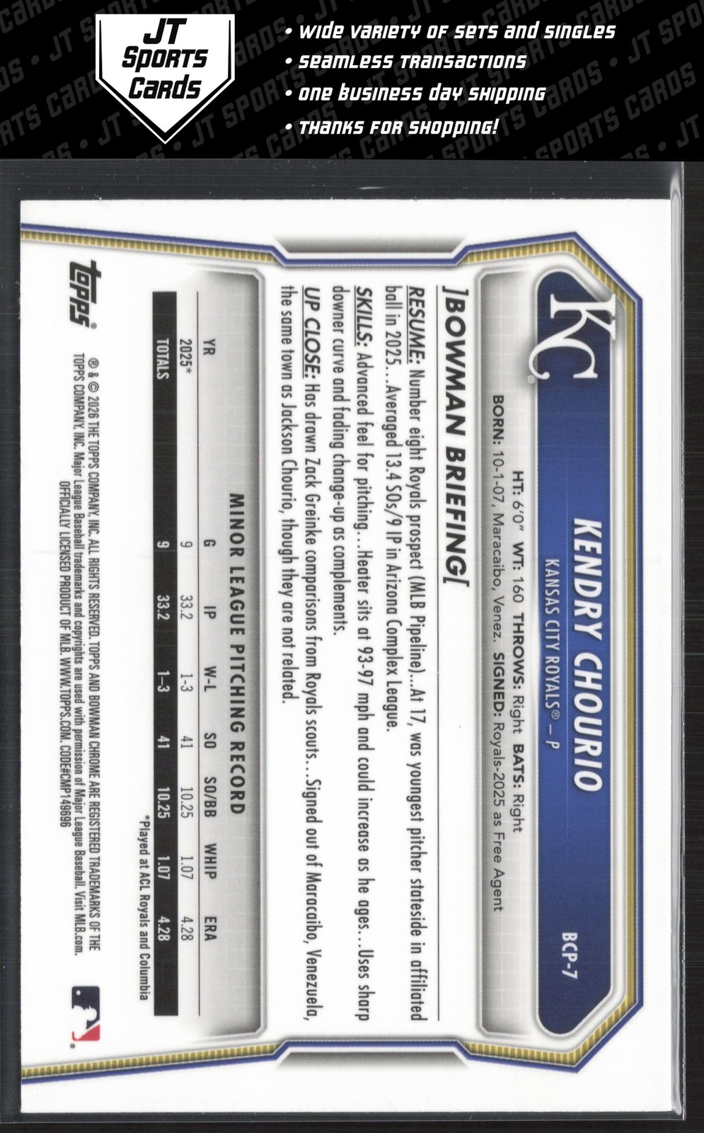 2026 Bowman Kendry Chourio BCP-7 1st Fuchsia Mojo Refractor /299 Royals