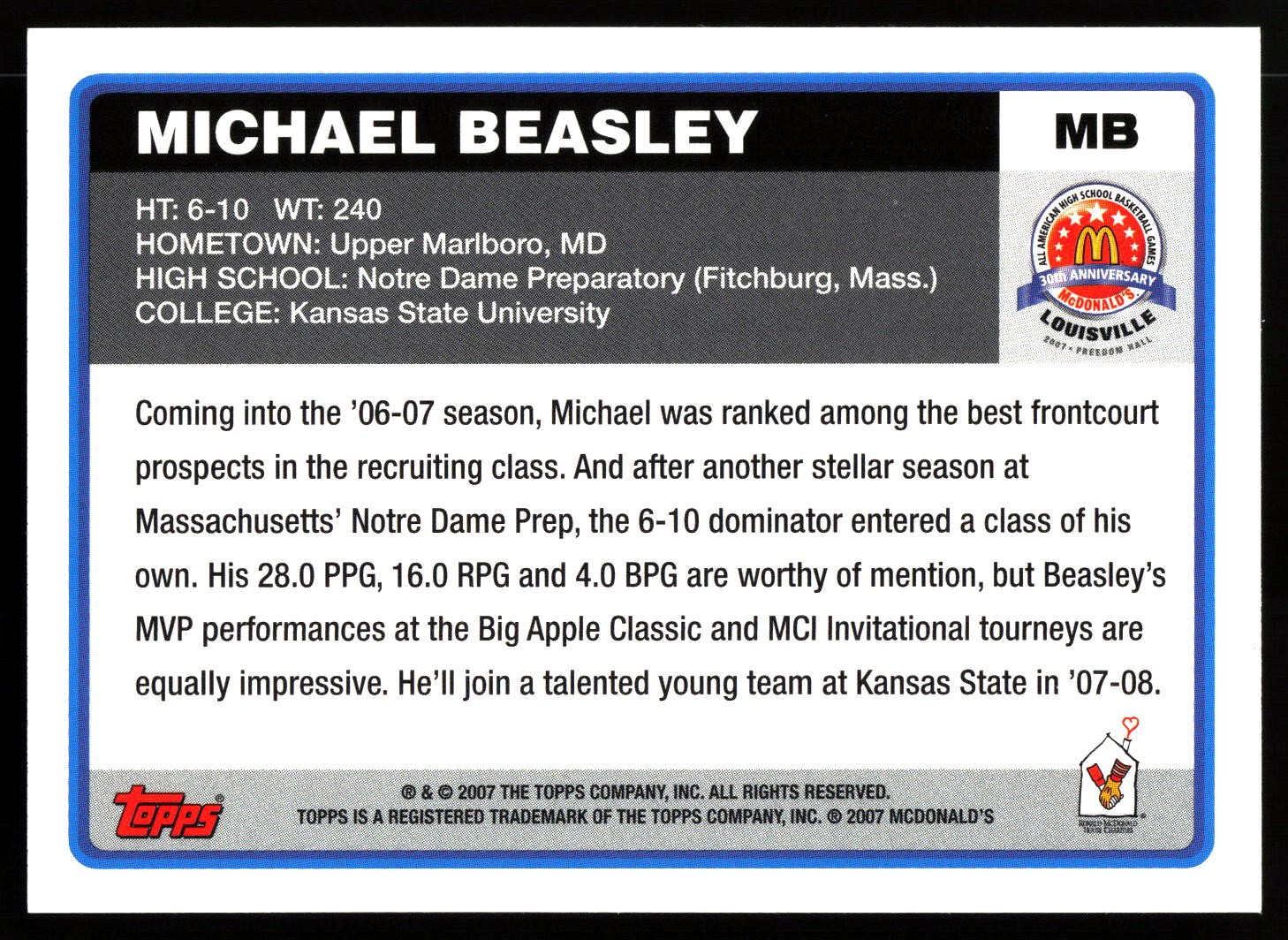2007 McDonald’s All-American #MB Michael Beasley