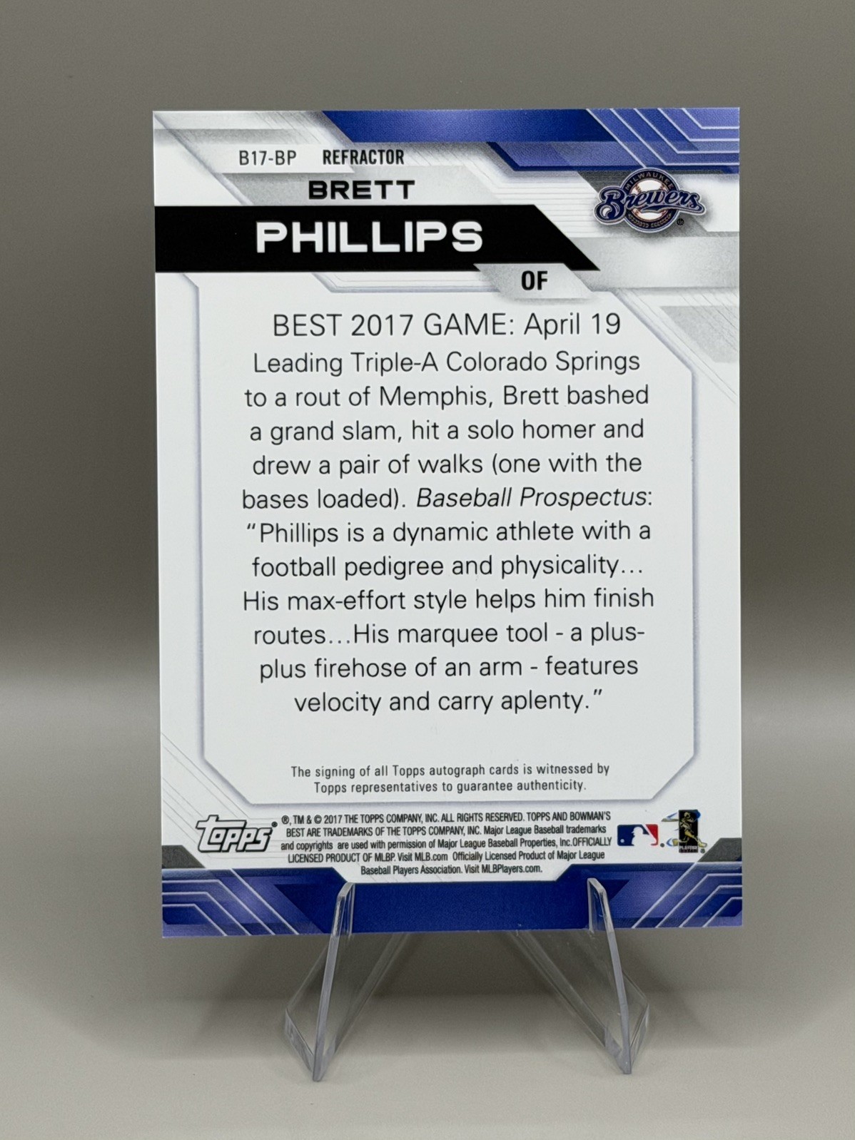 2017 Bowman’s Best Brett Phillips #B17-BP Refractor Rookie Auto RC Brewers Rays