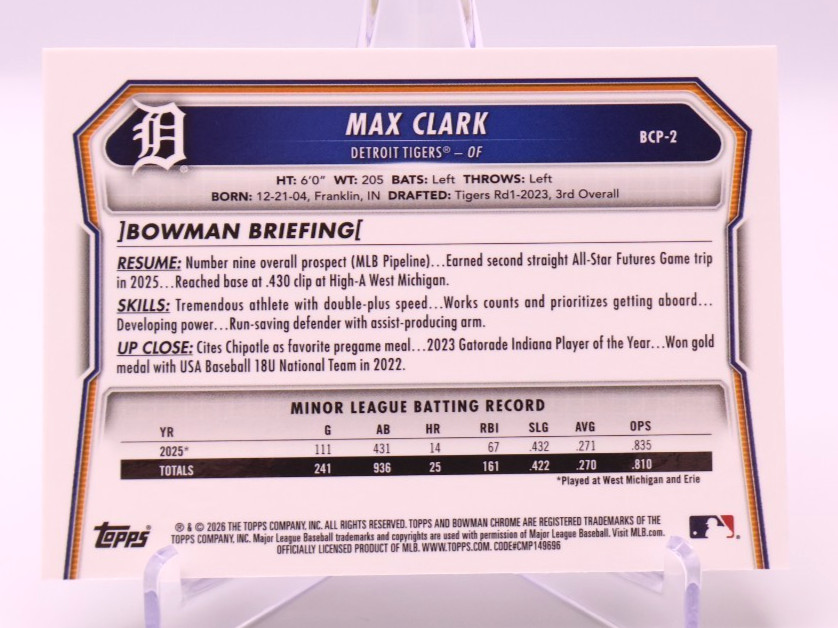 2026 Topps Bowman Chrome Yellow Mojo Max Clark /75 Detroit Tigers #BCP-2
