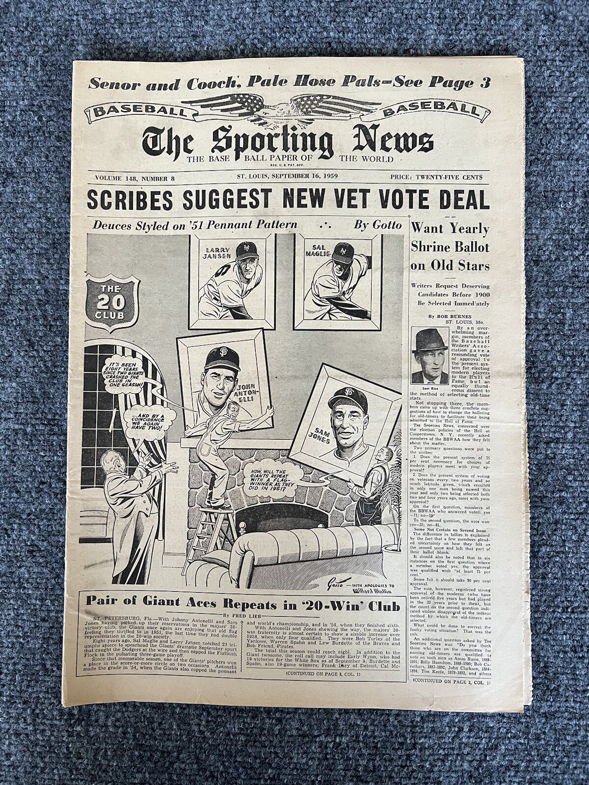 The Sporting News September 16 1959 “Scribes Suggest New Vet Vote Deal” VTG MLB