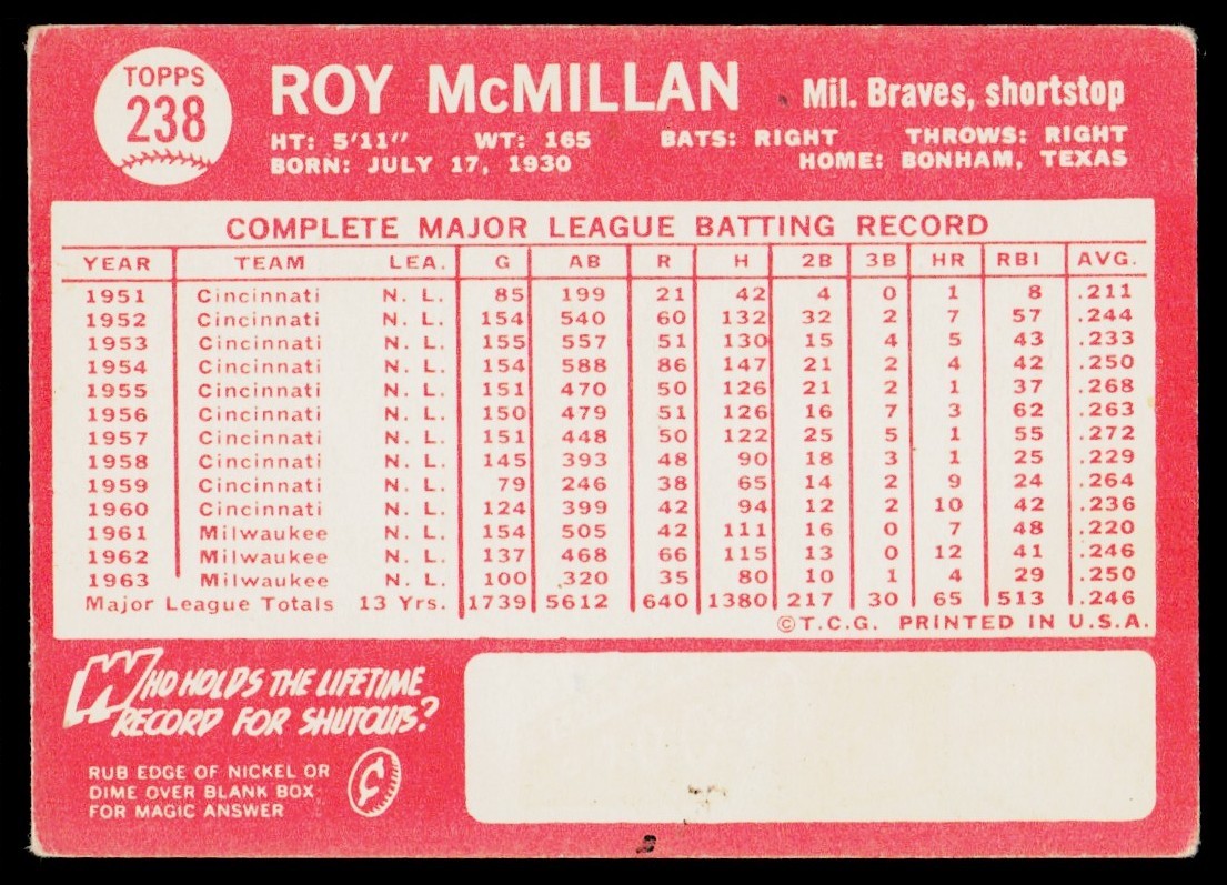 1964 Topps Roy McMillan Milwaukee Braves #238