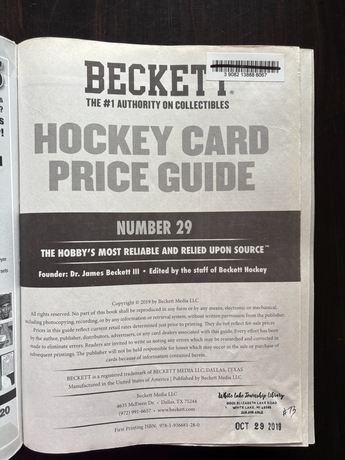 Beckett Hockey Card Price Guide 29th Edition 2020 pb sports collectible