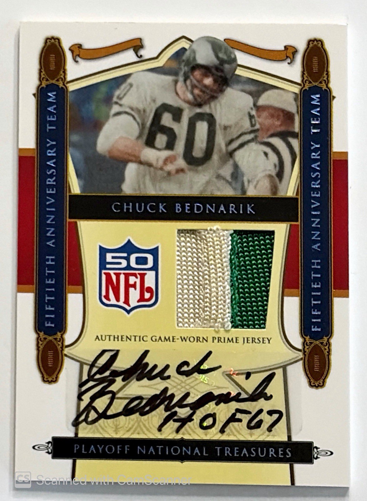 2008 Playoff National Treasures Game Worn Prime Jersey Chuck Bednarik Auto 7/10