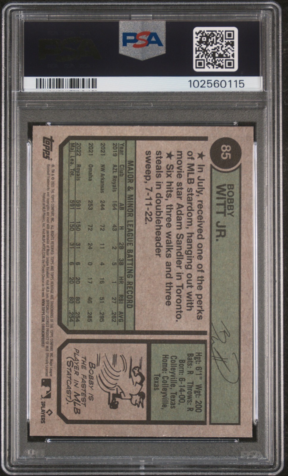 2023 TOPPS HERITAGE ALL STAR ROOKIE #85 BOBBY WITT JR. PSA 10