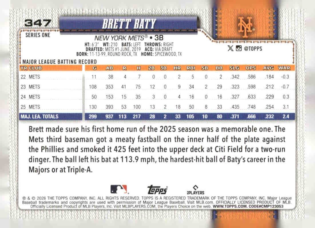 2026 Topps #347 Brett Baty