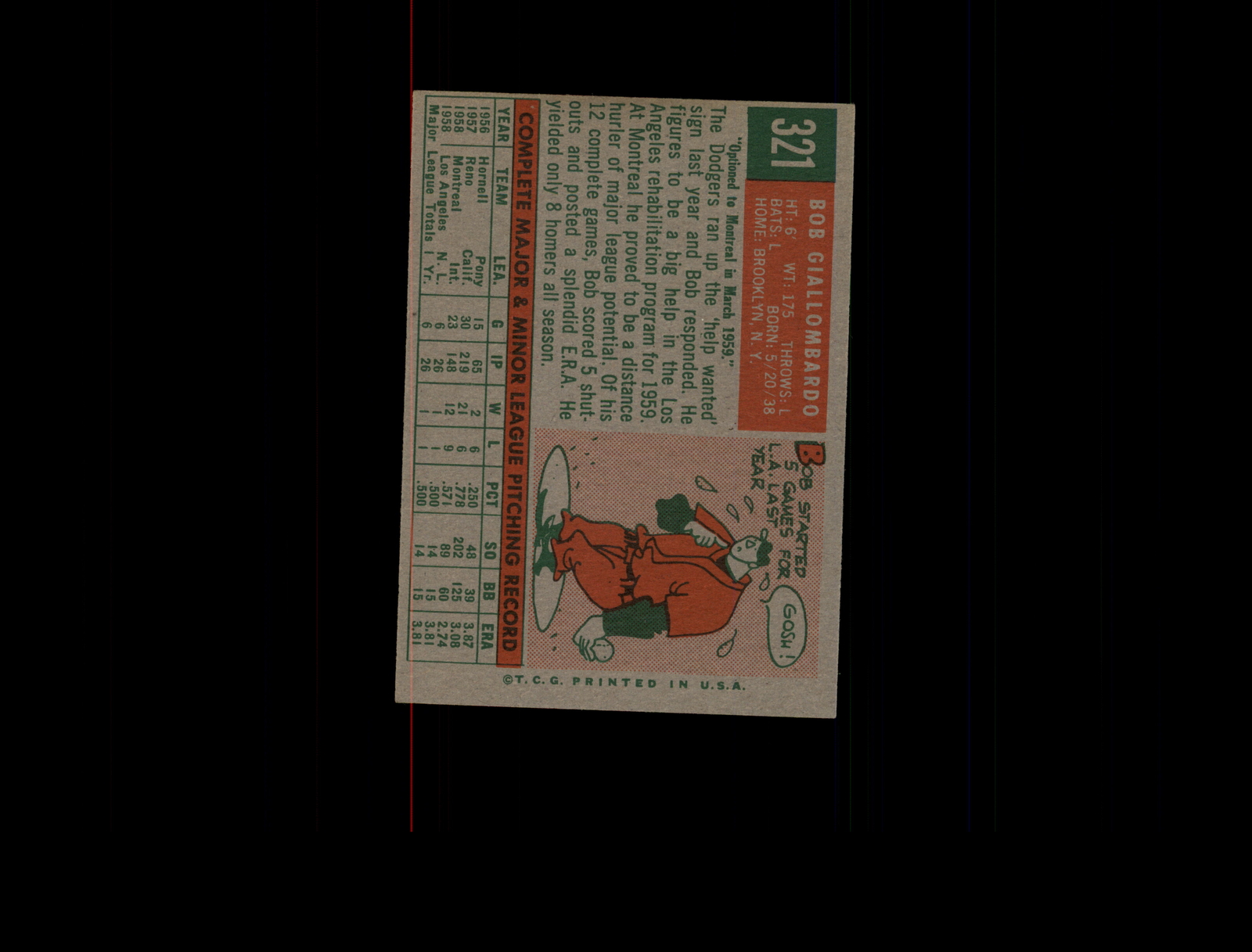 1959 Topps 321A Bob Giallombardo RC with Option Line EX-MT #D1,326717