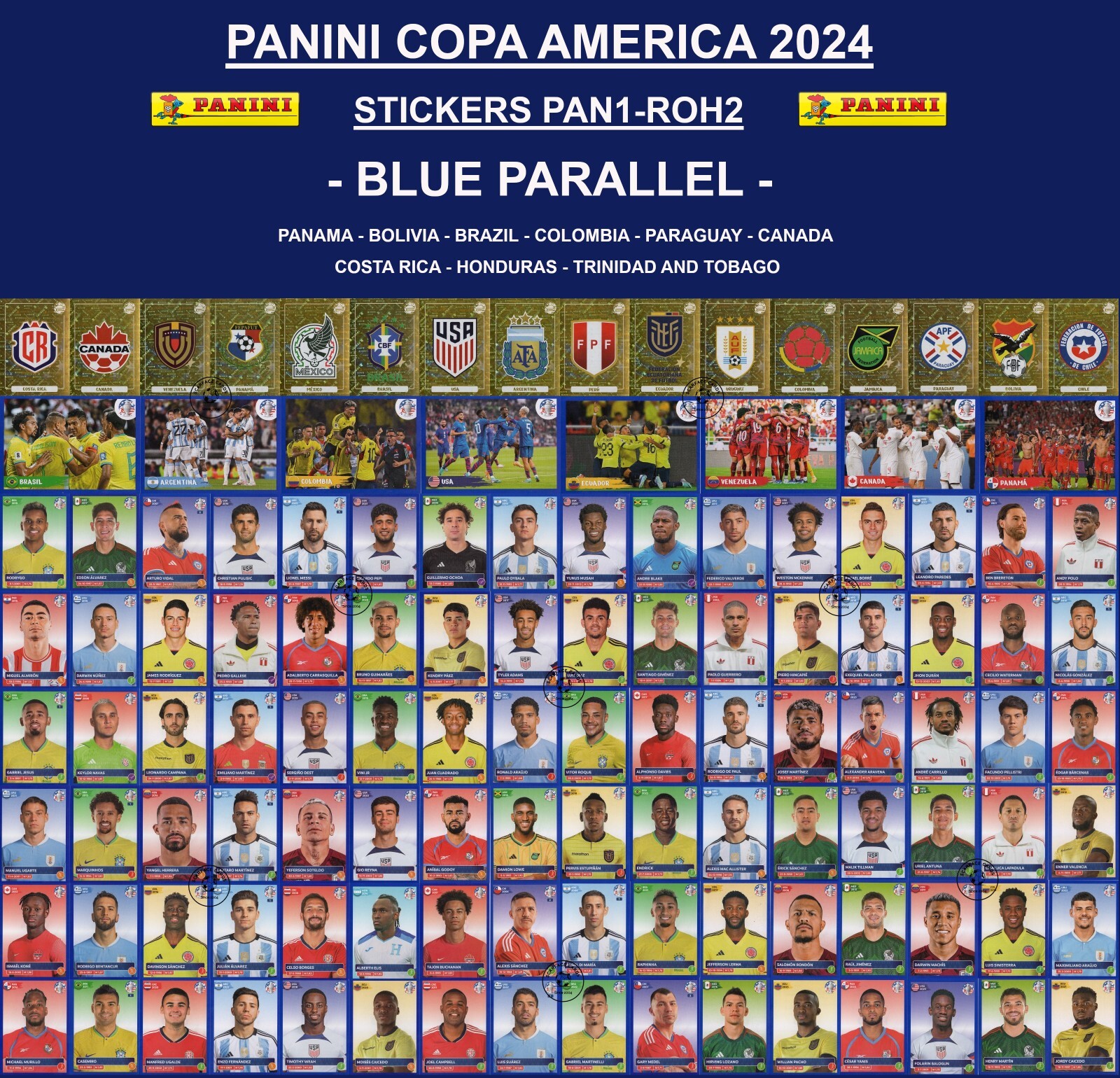 * BLUE PARALLEL * Panini Copa America 2024 Stickers PAN1 – ROH2