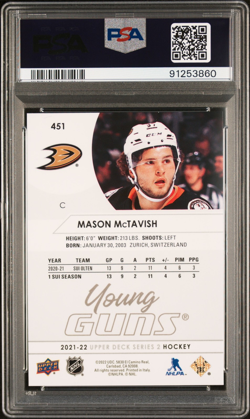Mason McTavish 2021-2022 Upper Deck #451 – 91253860 PSA 9