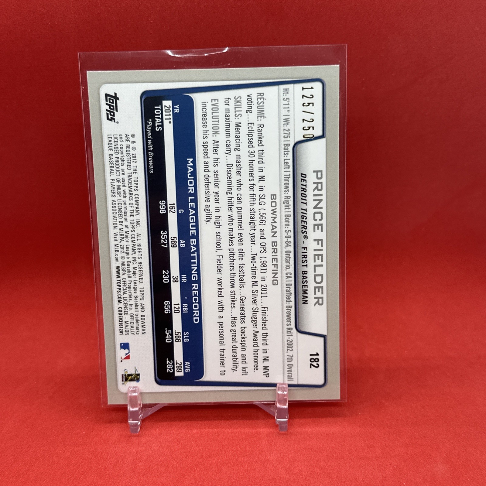 2012 Bowman Orange Border 125/250 Prince Fielder #182