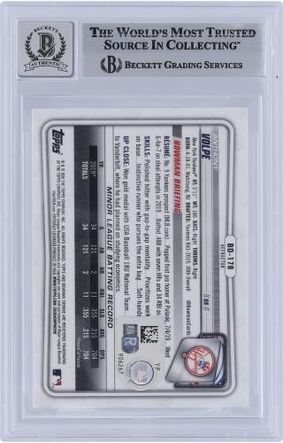Anthony Volpe Yankees Signed 2020 Bowman Chrome Draft #BD-178 BAS 9/10 Card