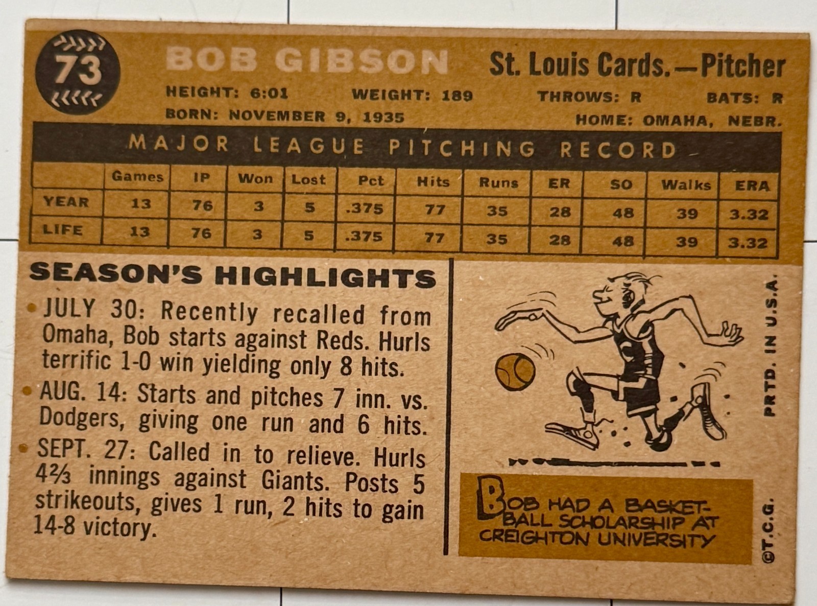 Bob Gibson 1960 Topps card, vintage, card number 73, featuring him as a pitcher
