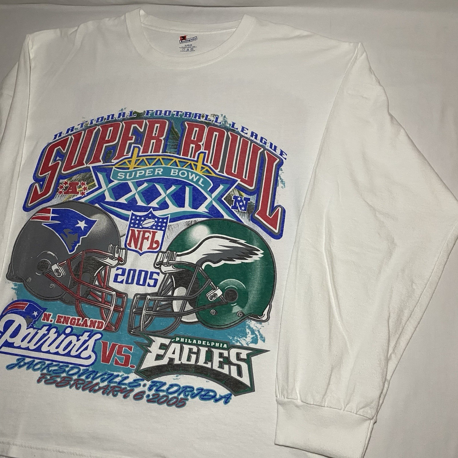 Vtg NFL Super Bowl XXXIX 39 T Shirt LG New England Patriots Philadelphia Eagles