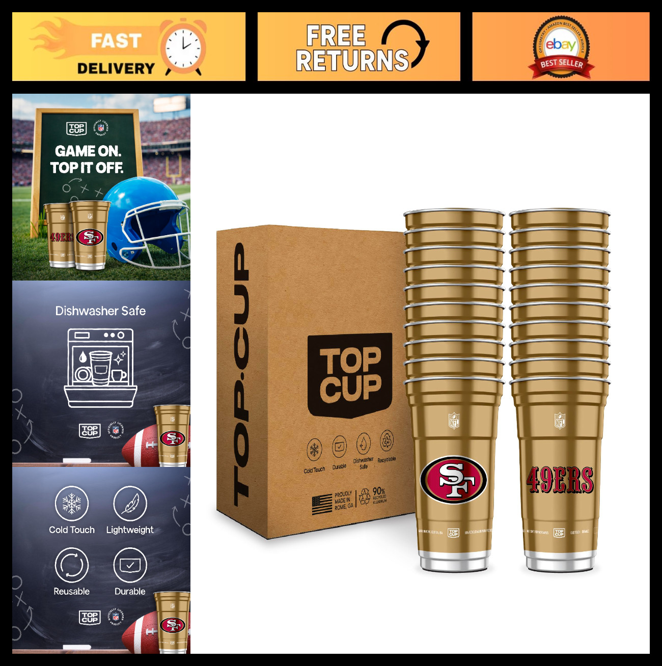 20 oz Reusable Aluminum Cups – 20 Count, Durable & Eco-Friendly, NFL San Francis