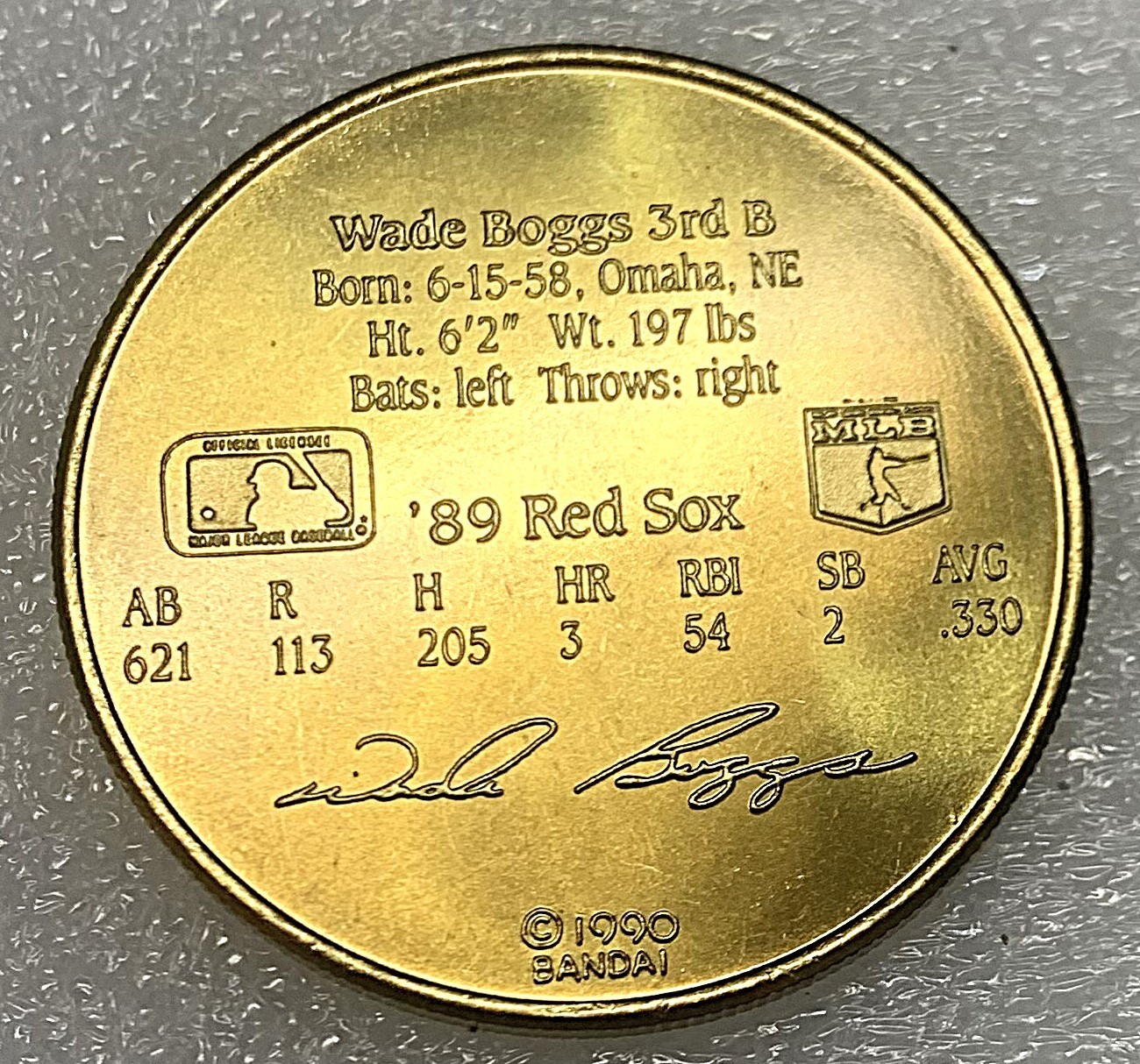 1990 Wade Boggs Medal – Boston Redsox – Bondai – 1989 Stats – 32MM – 10