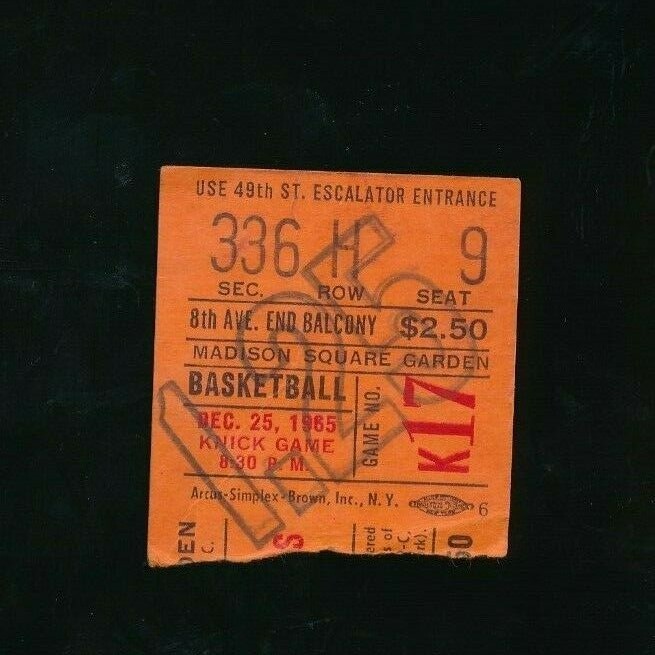 Dec 25 1965 Hawks v Knicks Ticket stub Lenny Wilkens 16 pt 10 ast Wilis Reed 23