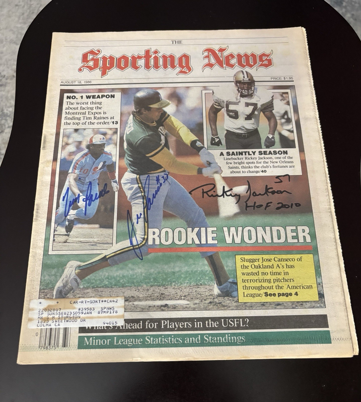 Jose Canseco Tim Raines Rickey Jackson HOF 2010 Sporting News Signed Autograph