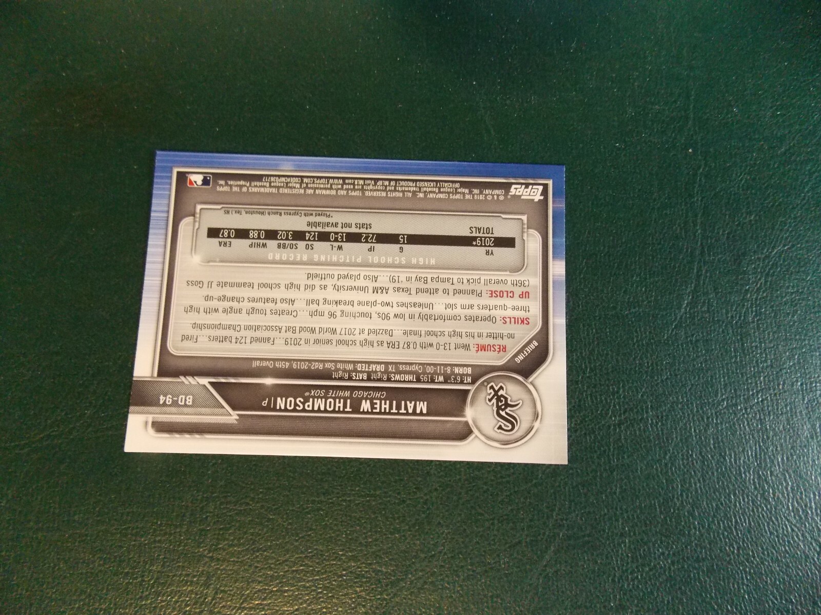 2019 Bowman Draft BD-94 Matthew Thompson – Chicago White Sox Rookie 🔥