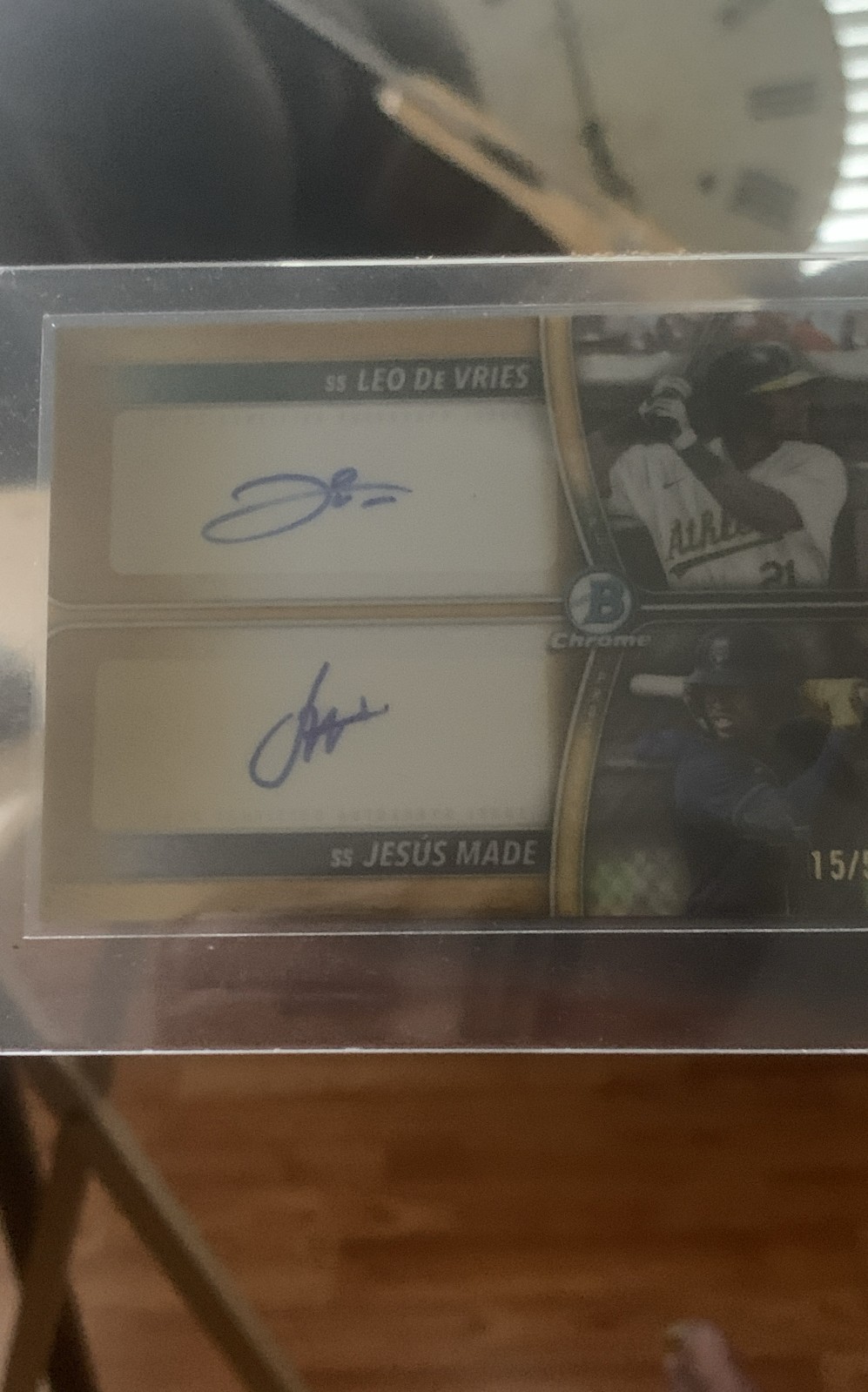 2025 Bowman Draft – Dual Autographs Leo De Vries, Jesus Made /50 has some wear