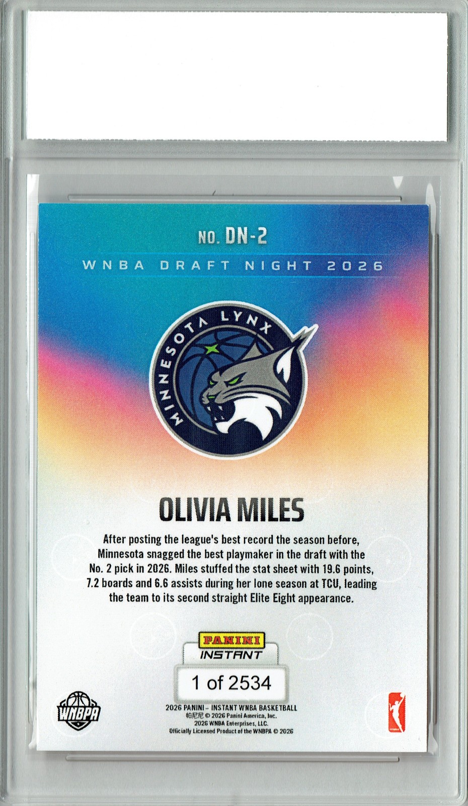 Olivia Miles 2026 Panini Instant DN-2 WNBA Draft Night 1/2534 Rookie Card PGI 10