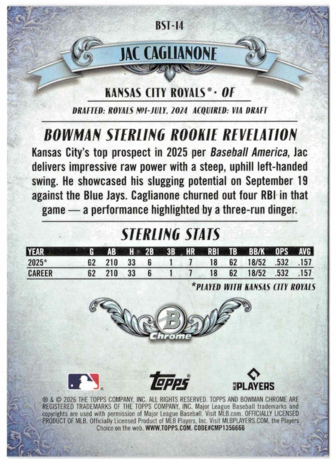 Topps 2026 Bowman Sterling Mojo Refractor Jac Caglianone BTS-14 Royals RC