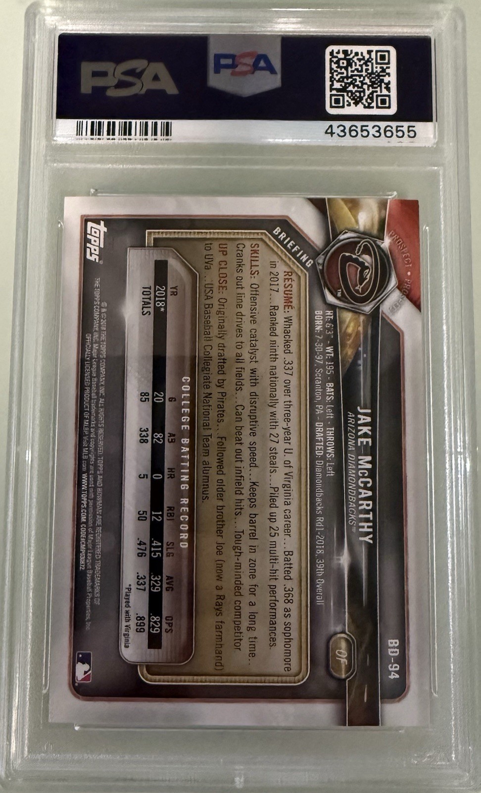 2018 Bowman Draft Jake McCarthy Green 99/99 PSA 10 Rookie RC XRC POP 1 #BD94