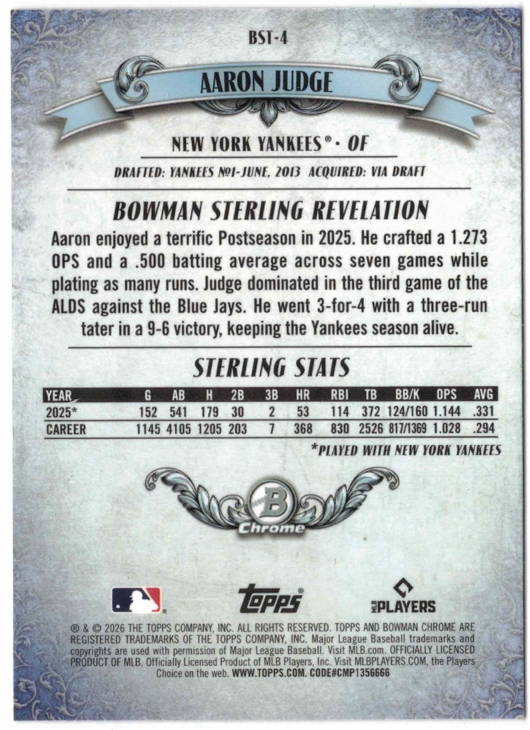 Topps 2026 Bowman Sterling Mojo Refractor AARON JUDGE BTS-4 Yankees