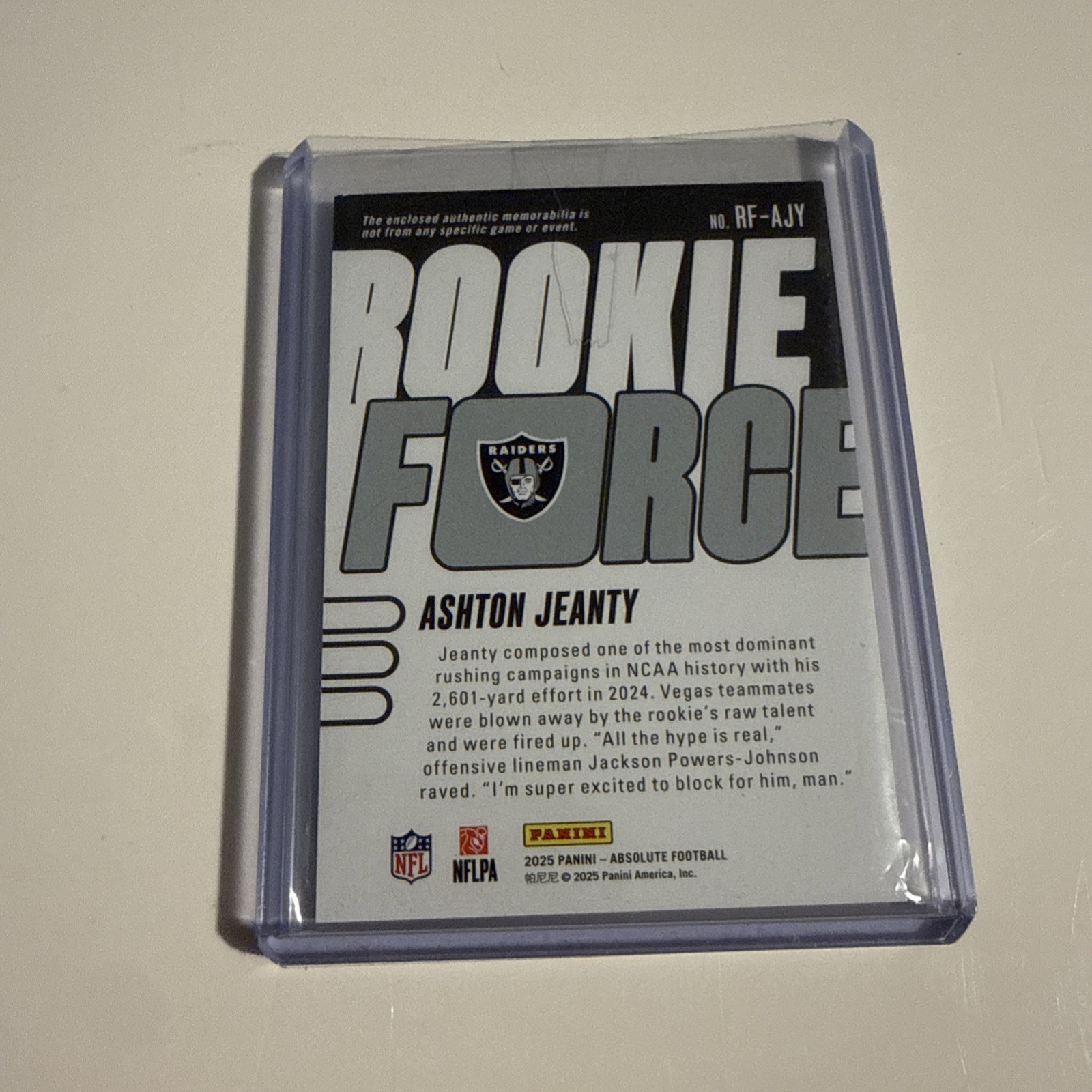 2025 Absolute Rookie Force Ashton Jeanty Jersey Relic RC Raiders + Bonus Card