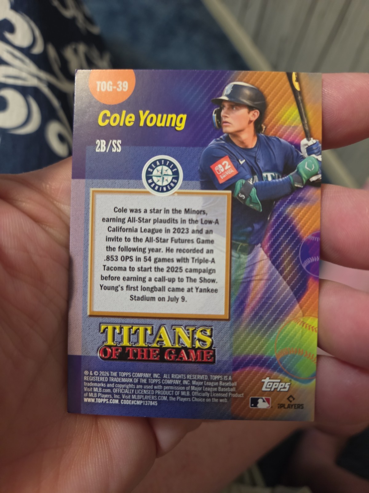 2026 Topps Series 2 Cole Young RC Titans of the Game TOG-39 Mariners