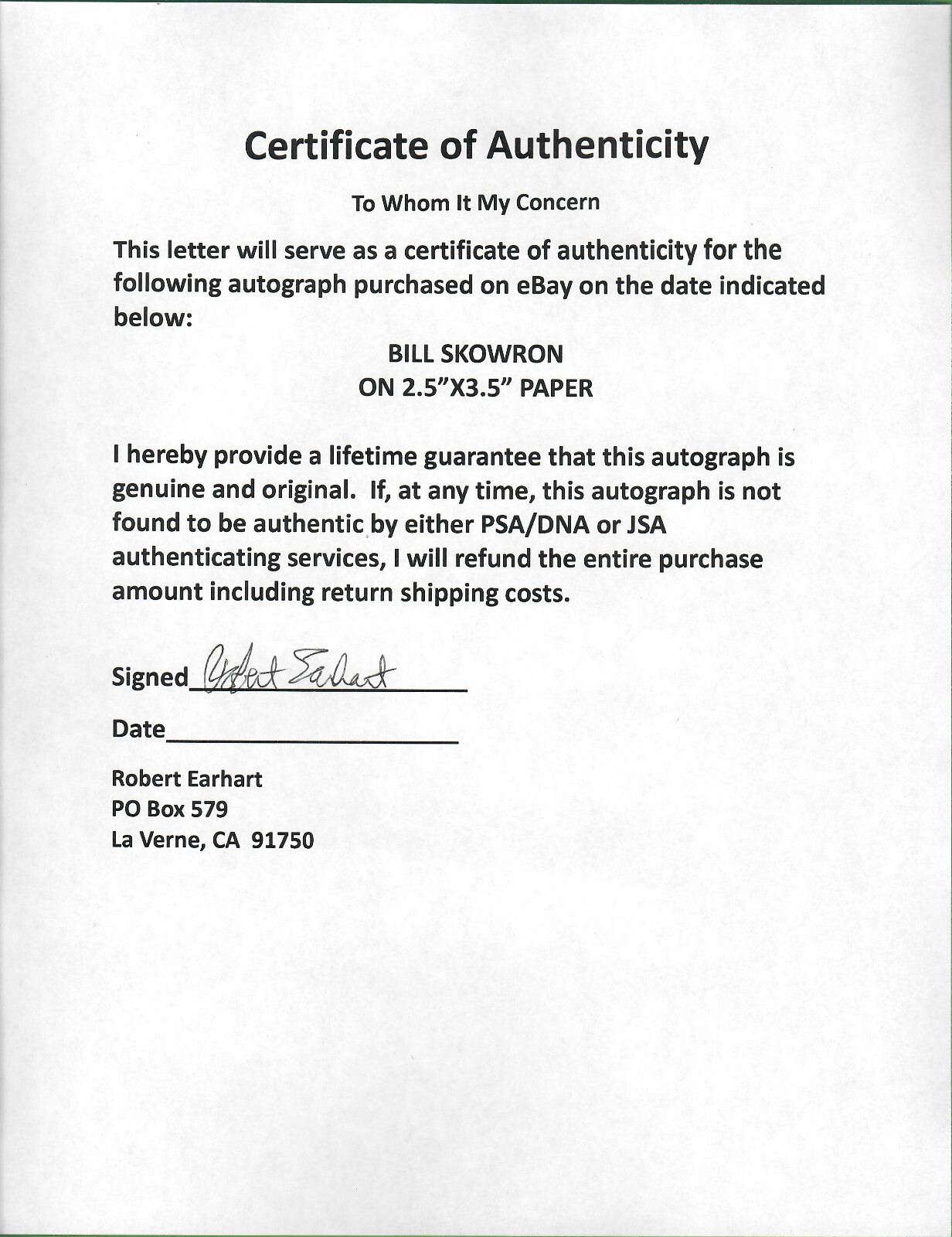 BILL SKOWRON – YANKEES SIGNED 2.5″X3.5″ PAPER – PLAYED IN 1961 WORLD SERIES COA