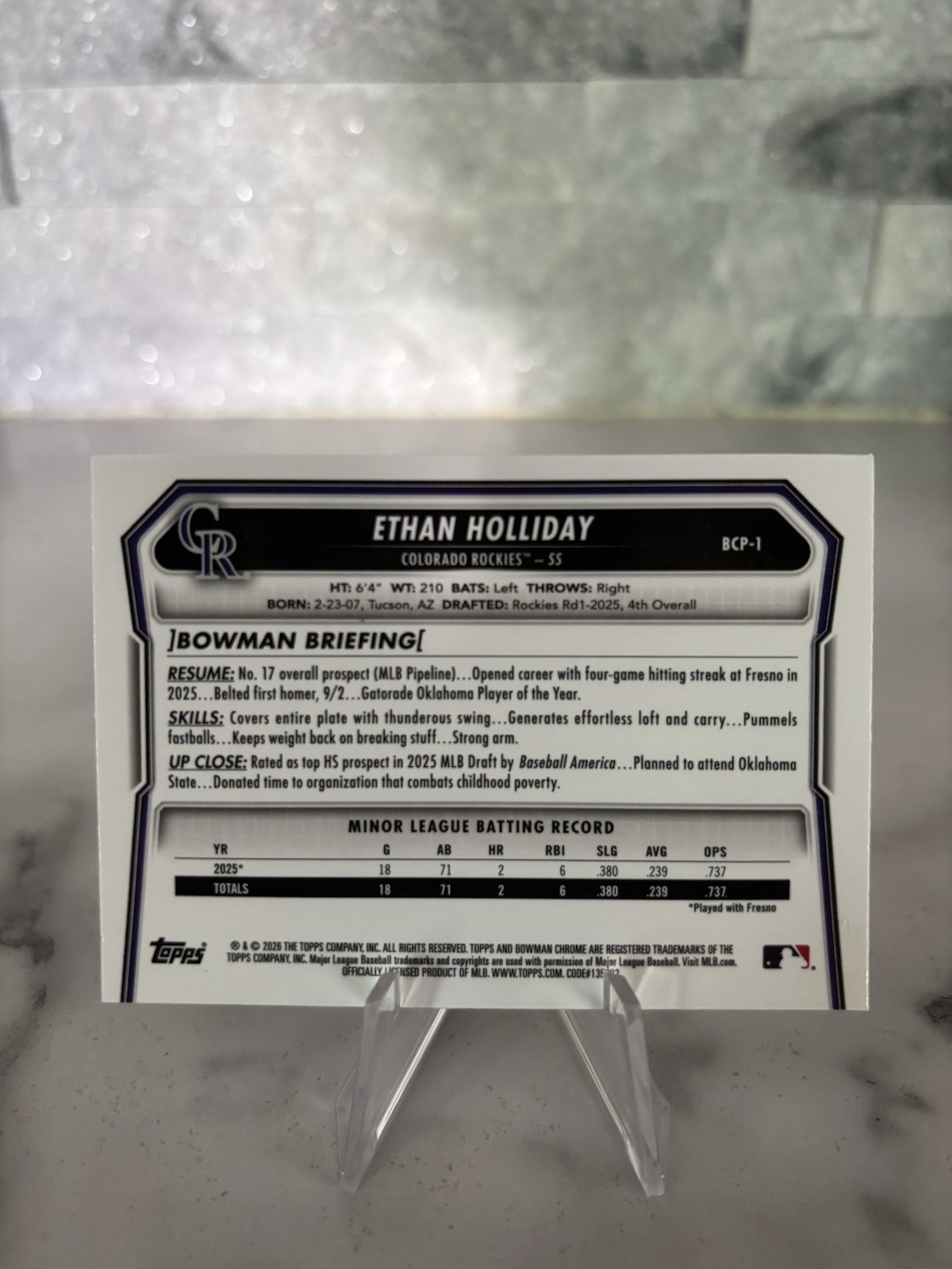 Ethan Holliday 2026 Bowman Chrome 1st Reptilian Rockies BCP-1