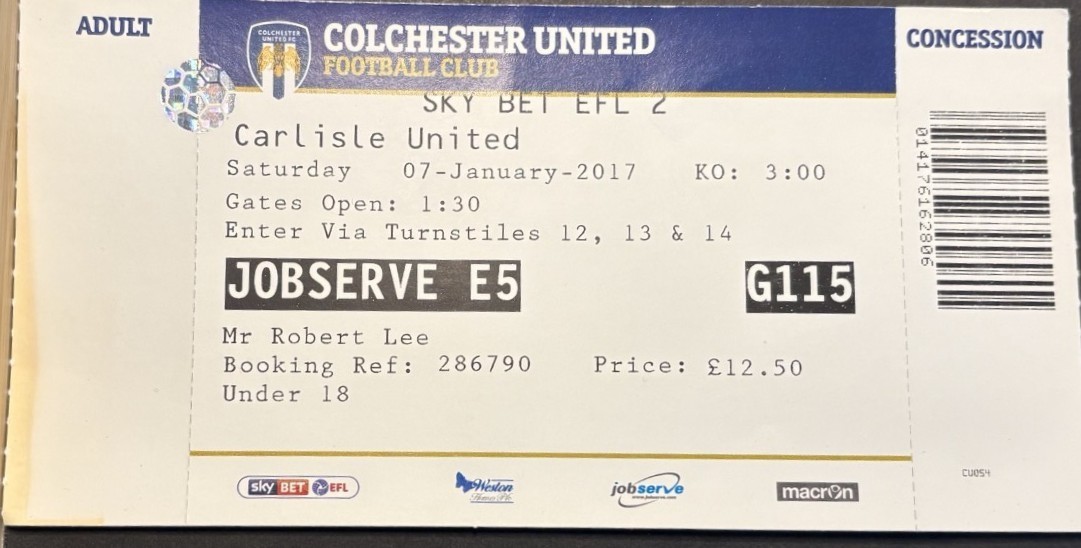Colchester United v Carlisle United, Ticket Stub, 2016/17.
