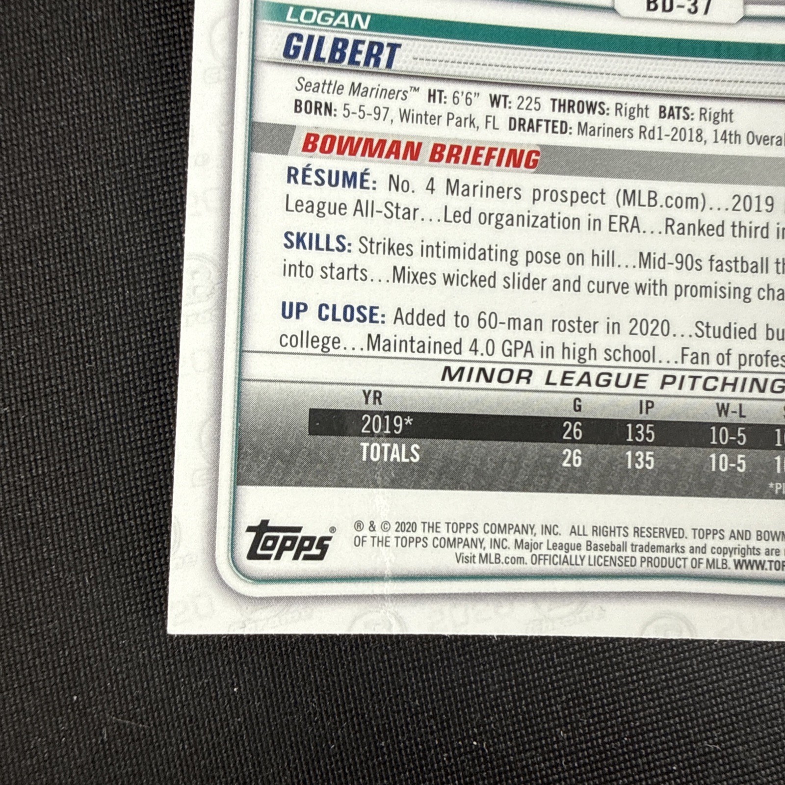 Logan Gilbert Rookie Card RC 2020 Bowman Draft Chrome Sapphire Edition #BD-37
