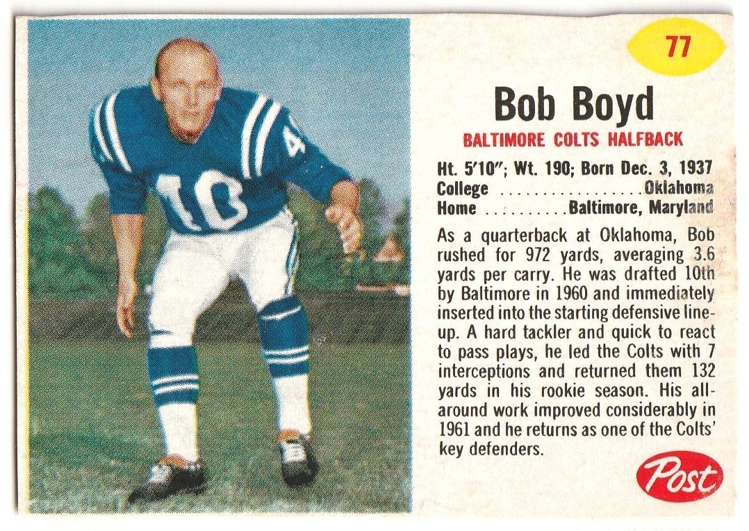 1962 Post Football #77 BOB BOYD – VG/EX
