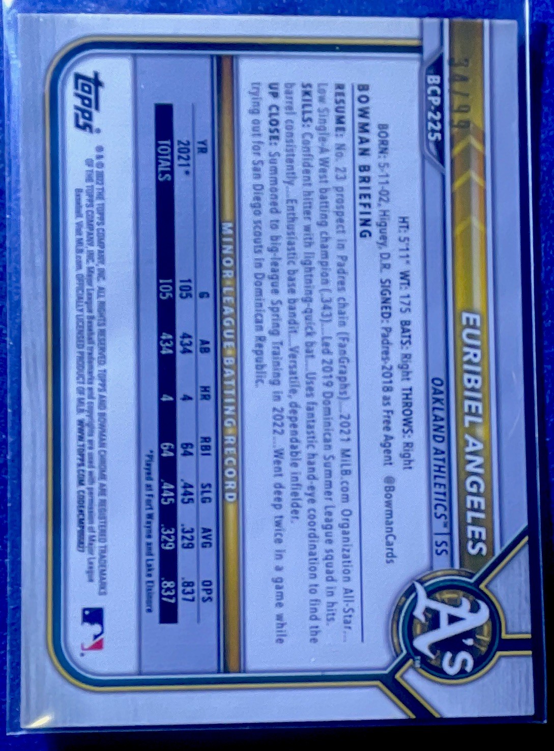 Topps 2022 Bowman Chrome Prospects Euribiel Angeles Green shimmer BCP-225 34/99