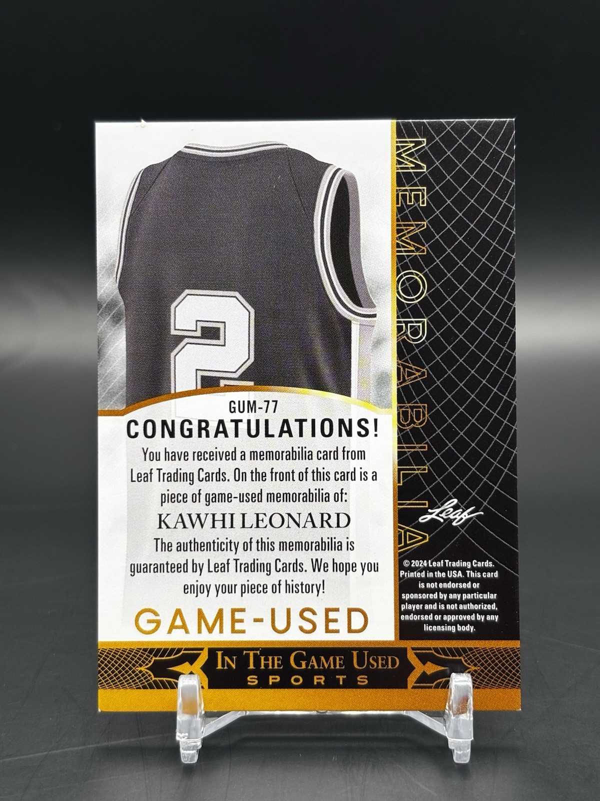 Leaf 2024 In The Game Used Kawhi Leonard 2 Color Memorabilia GUM-77