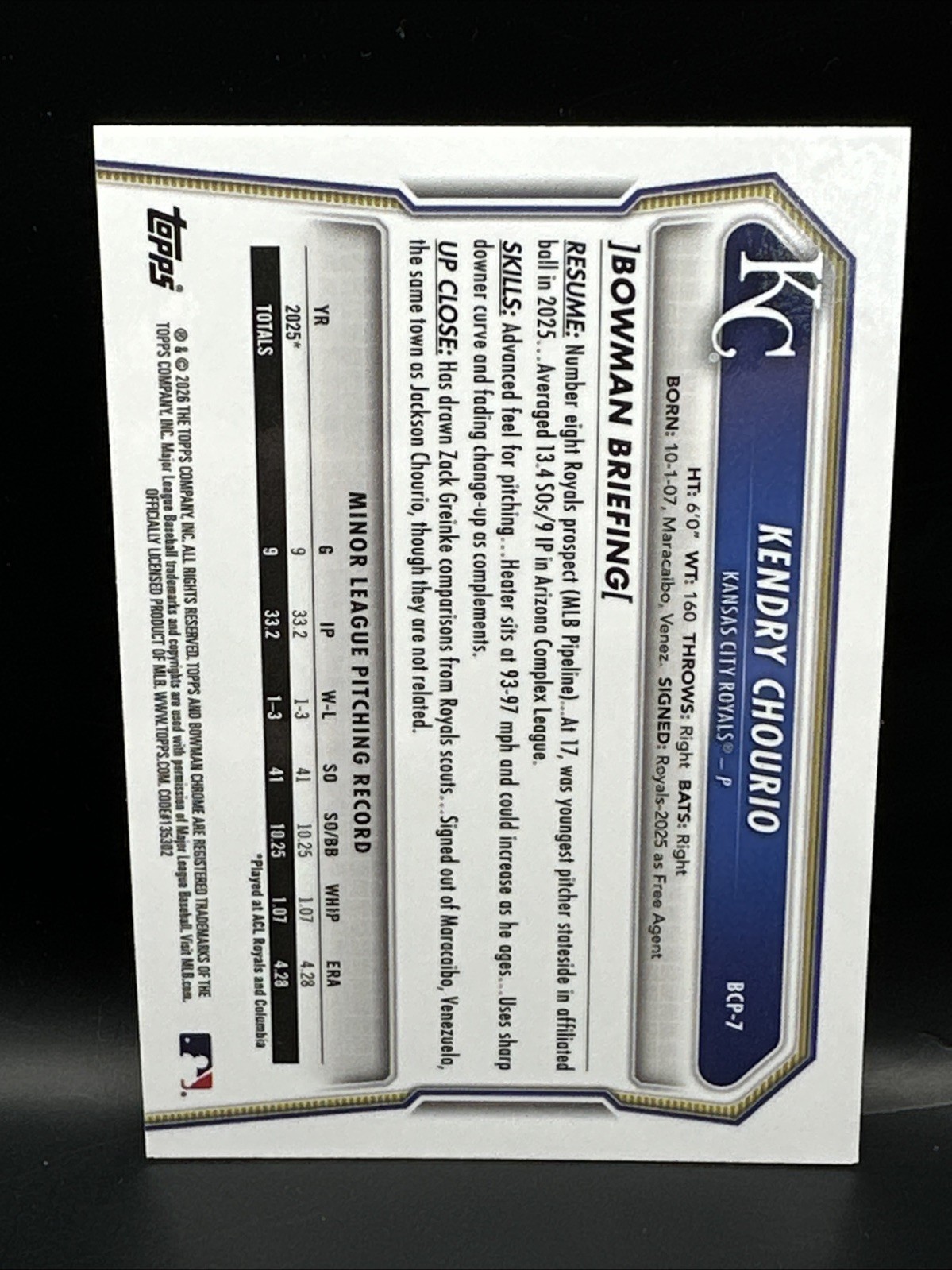 2026 Bowman Baseball Kendry Chourio Blue Reptilian Refractor /150 #BCP-7 Royals