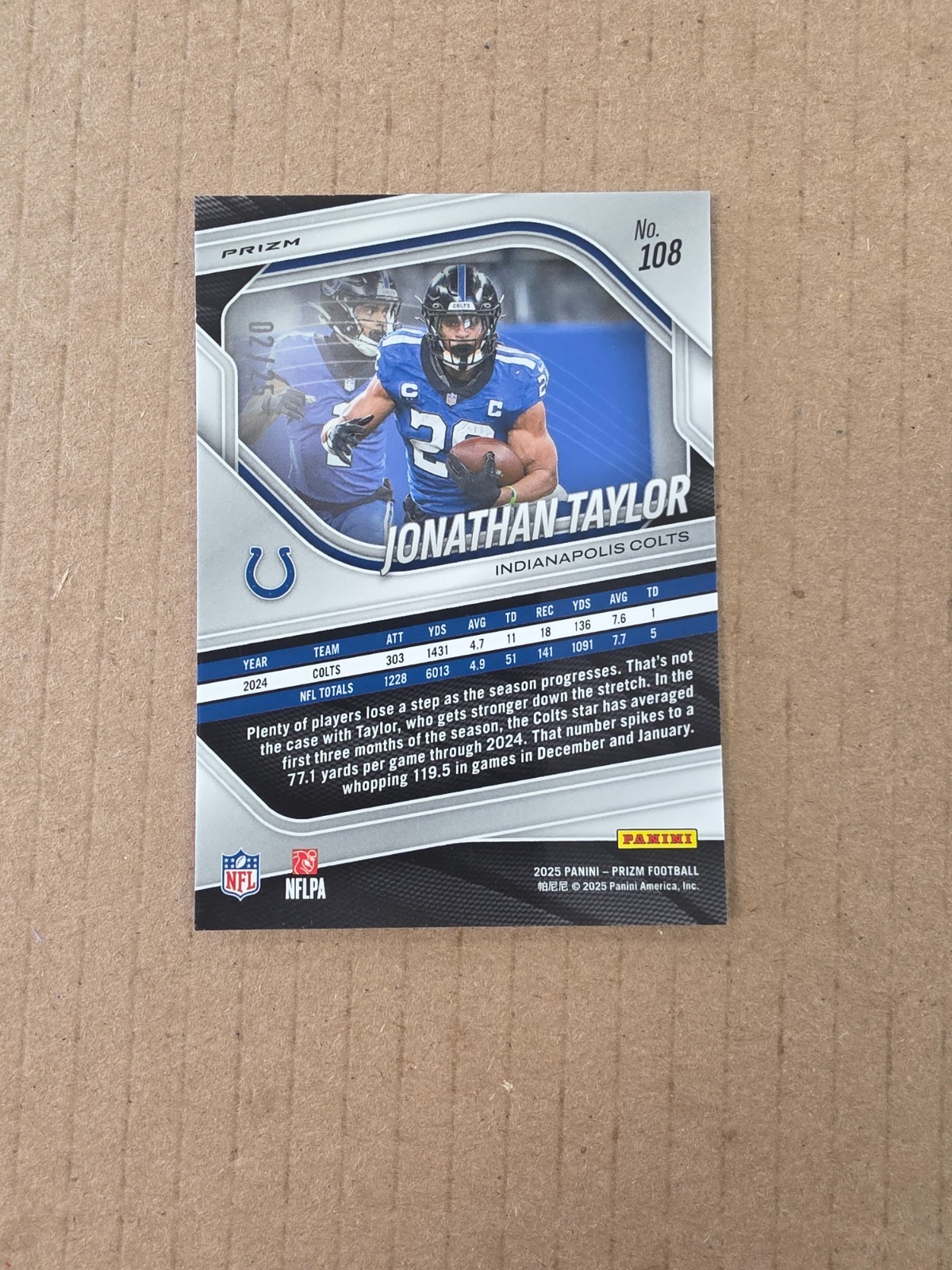 2025 Panini Prizm No Huddle Football Card #108 Jonathan Taylor Pink Disco /25