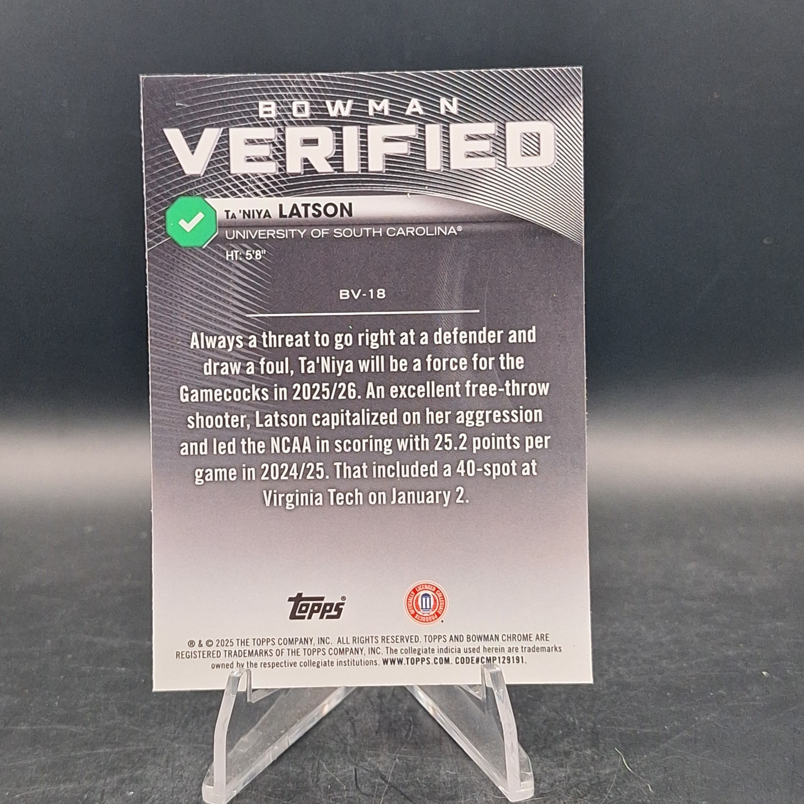 2025-26 Bowman Basketball – Ta’Niya Latson – Chrome Verified – #BV-18 – USC