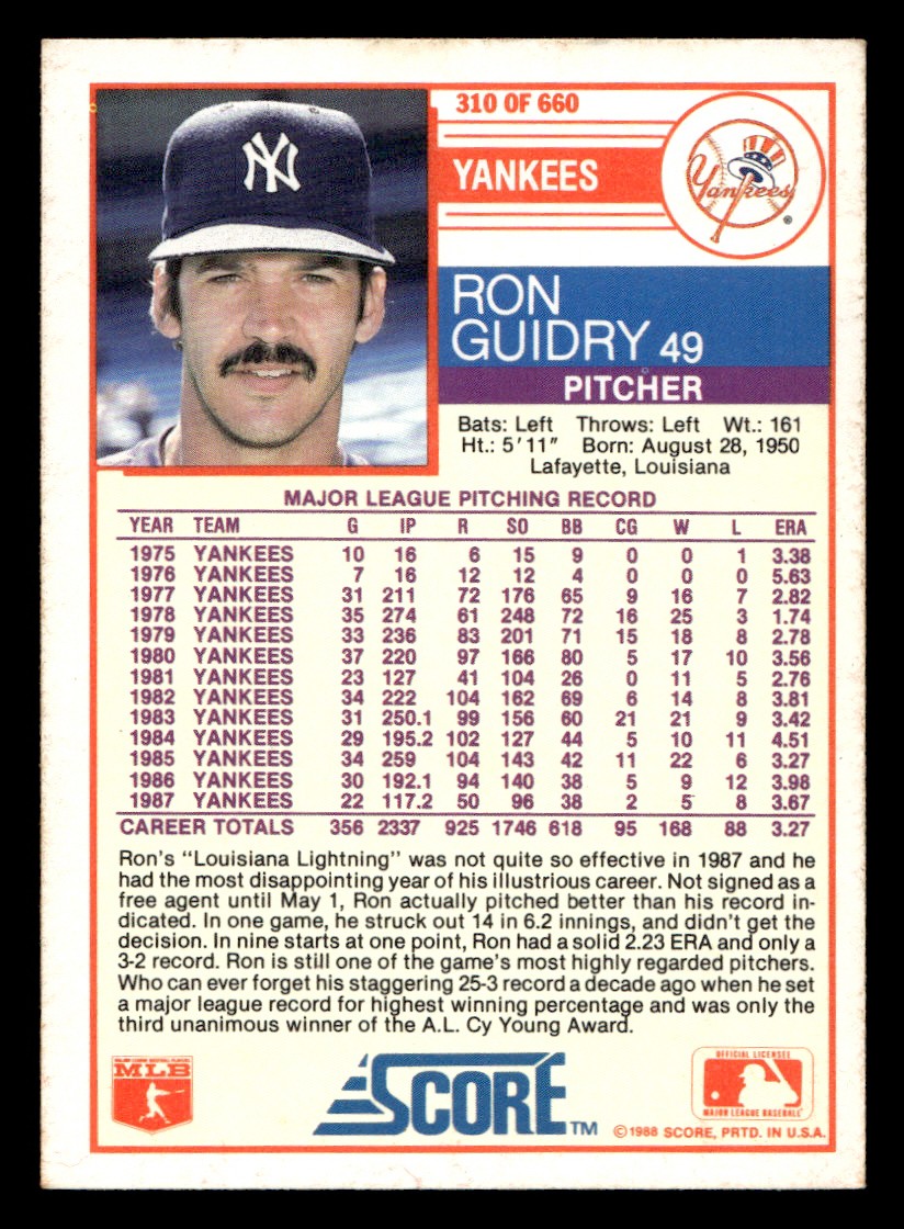 1988 Score – Ron Guidry Baseball card #310 New York Yankees Raw Trading Card