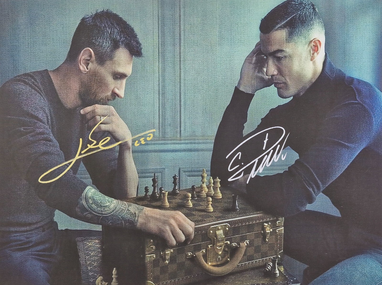 Lionel Messi-Cristiano Ronaldo canvas Hand Signed framed w/COA free shipping