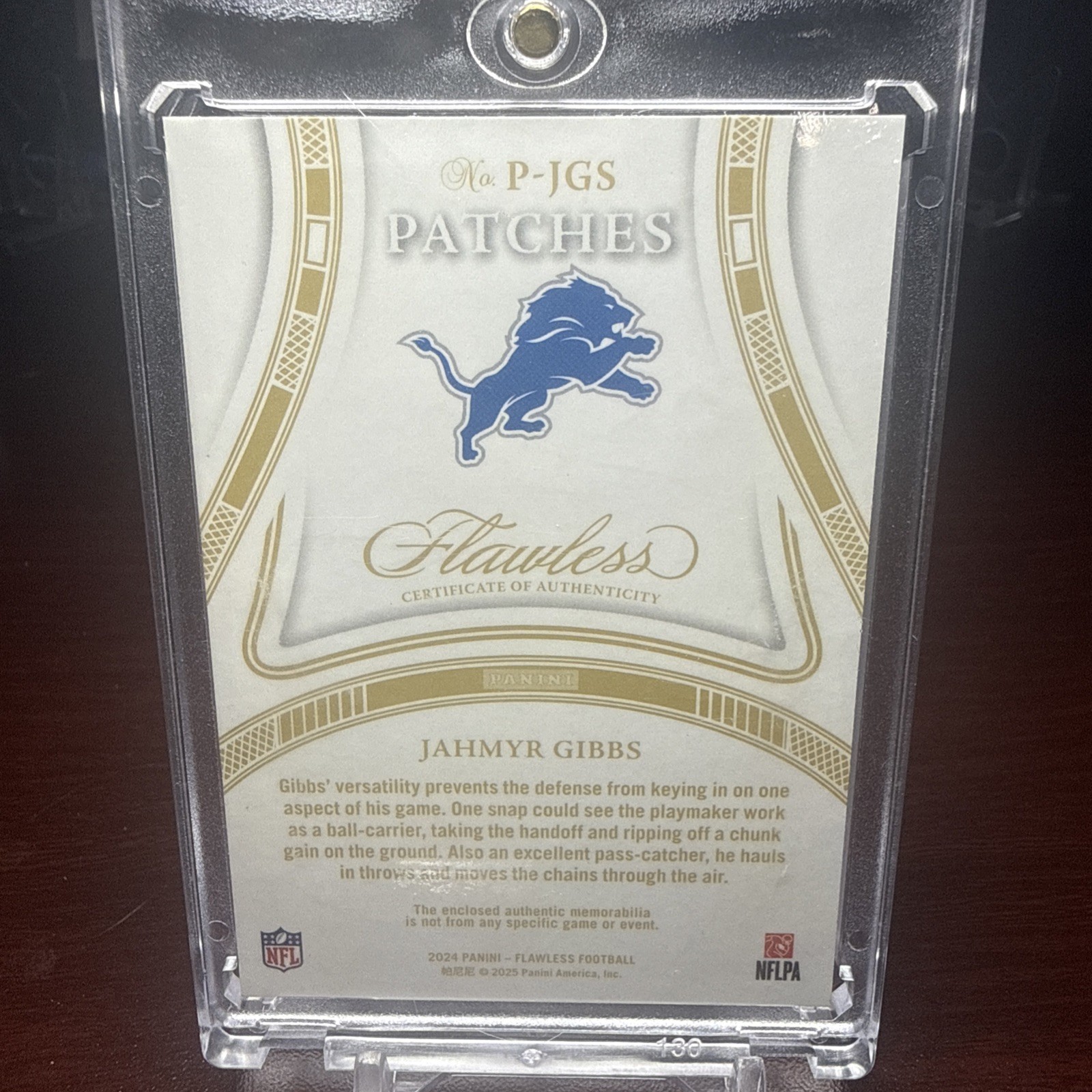 Jahmyr Gibbs 2024 Panini Flawless Patches Laundry Shield Nike Swoosh #’d /3 SSP