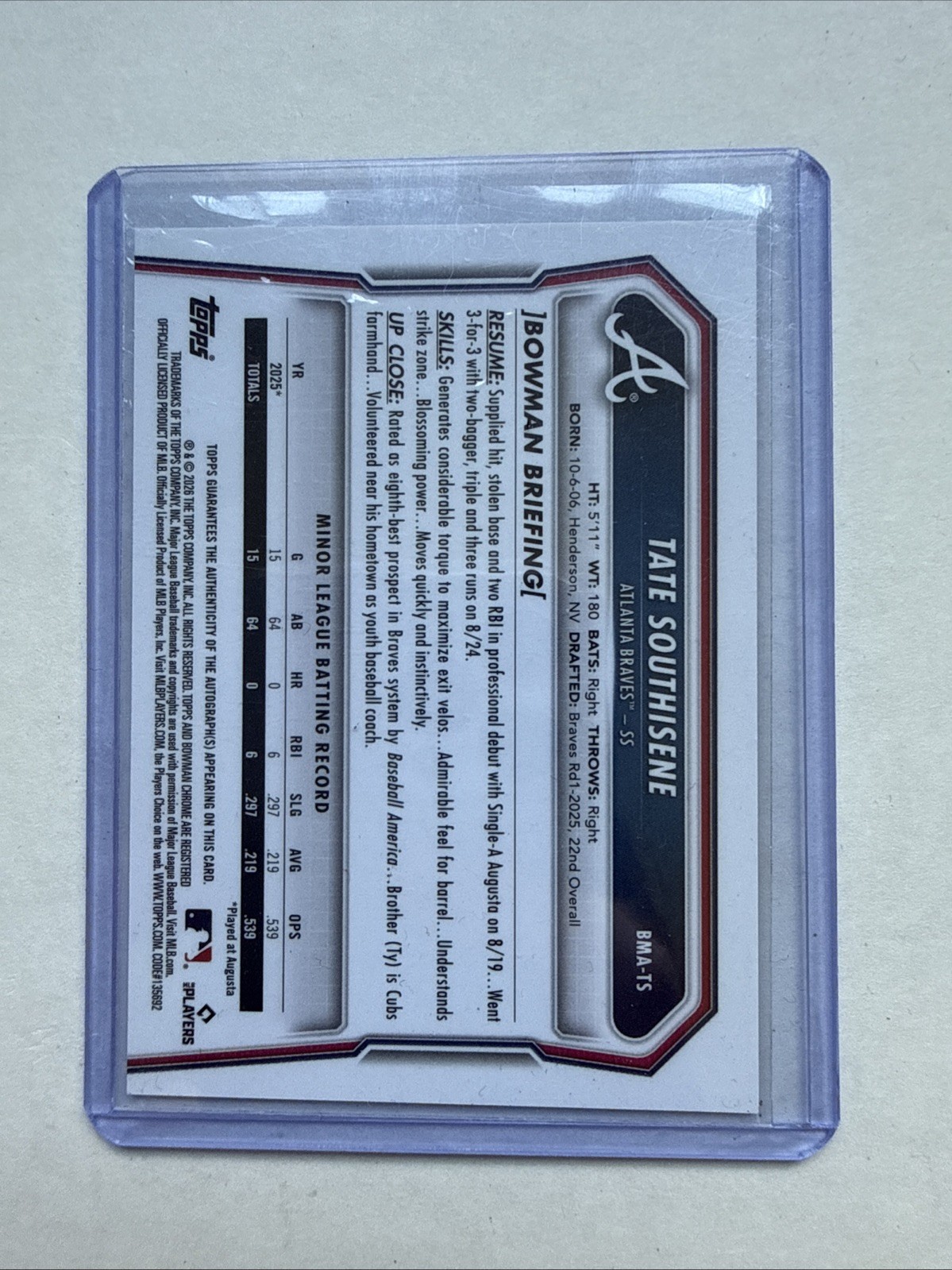2026 Bowman – Chrome Prospect Mega Box Autographs Tate Southisene (AU, RC)