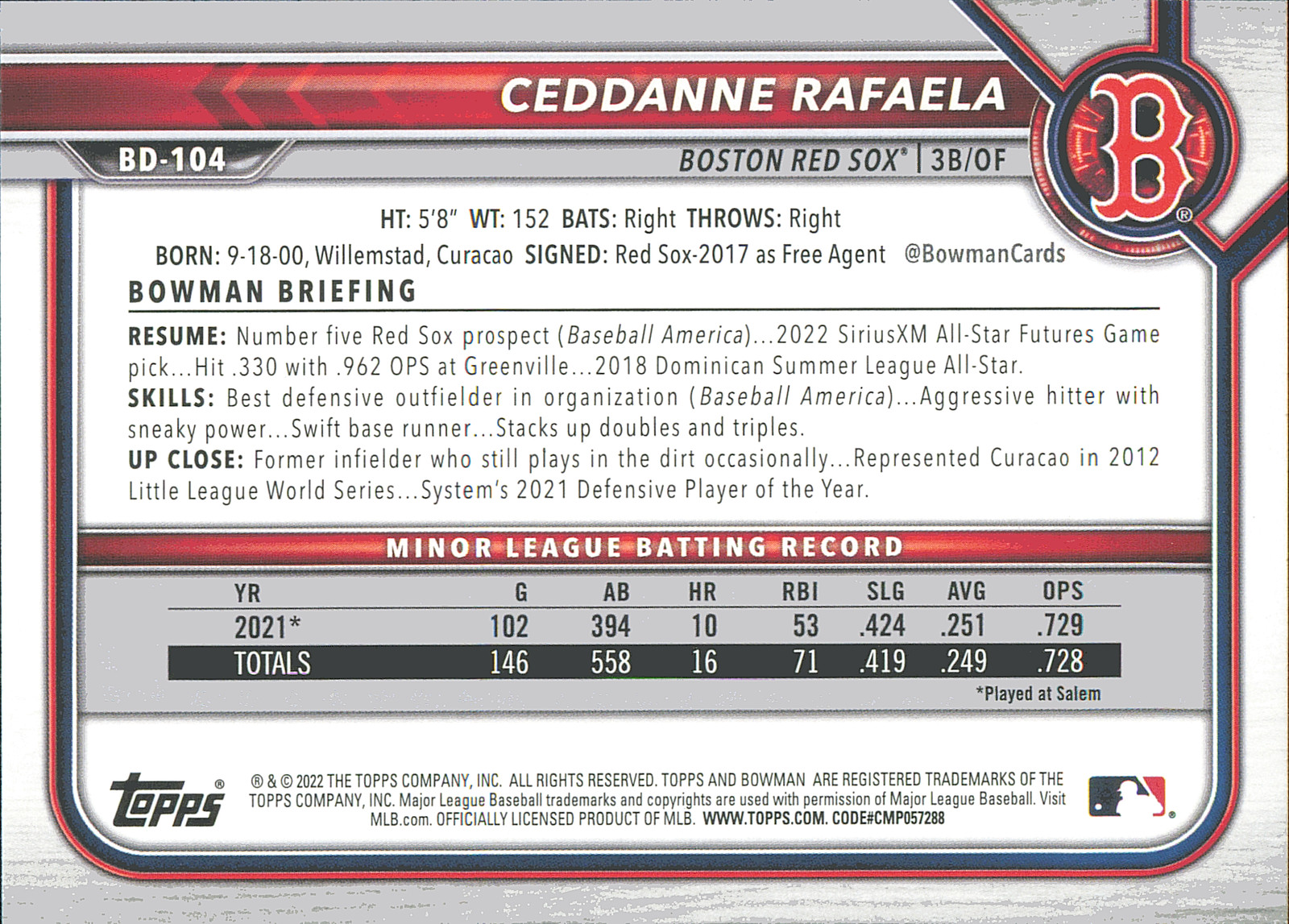 2022 BOWMAN DRAFT #BPPF-61 Ceddanne Rafaela MINT