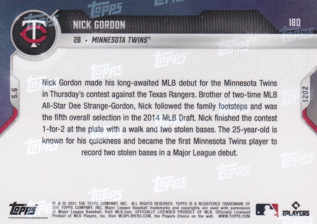 2021 TOPPS NOW #180 NICK GORDON- MINNESOTA TWINS