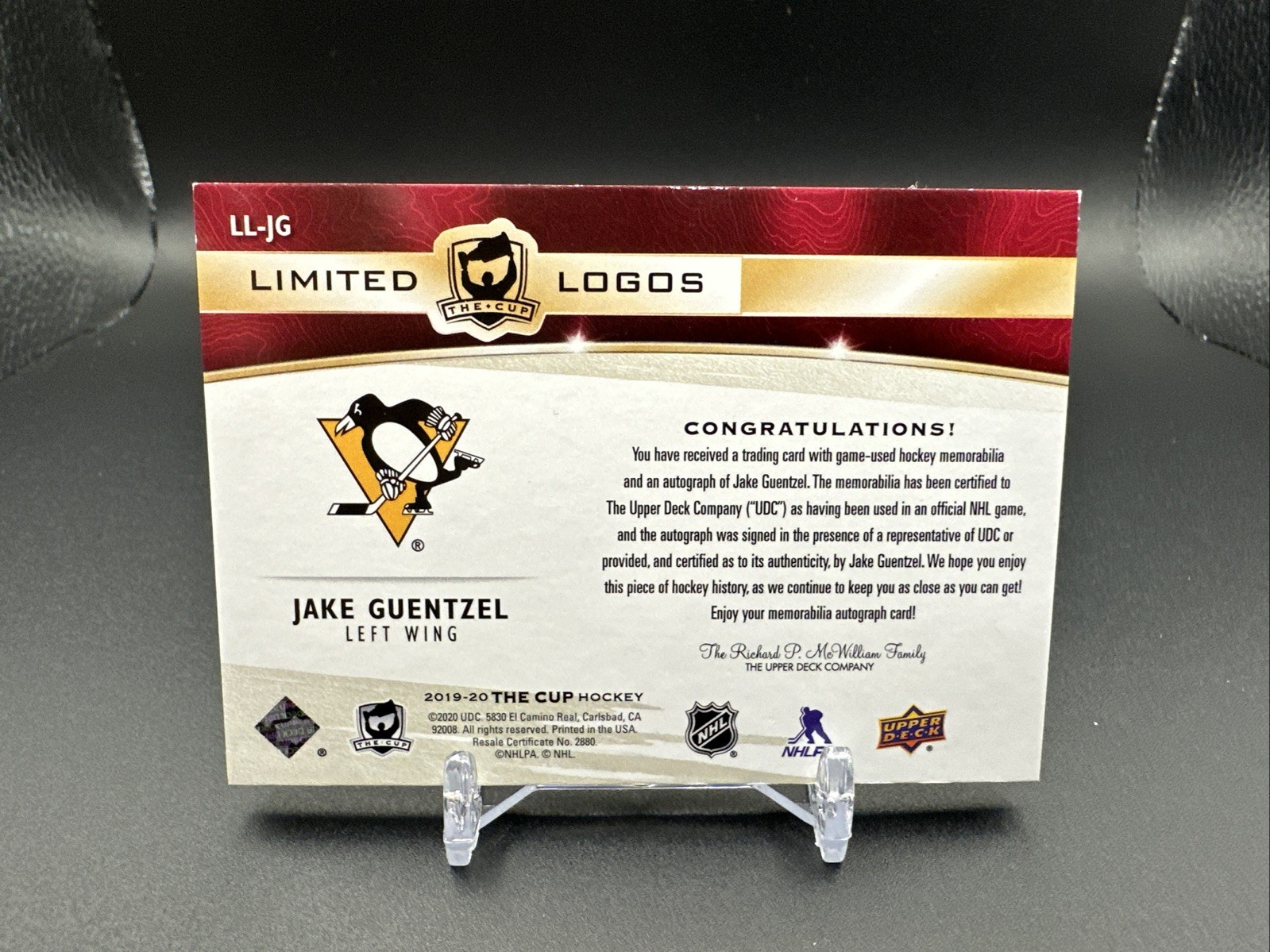 2019 UPPER DECK THE CUP #LL-JG JAKE GUENTZEL LIMITED LOGOS PATCH AUTO /50