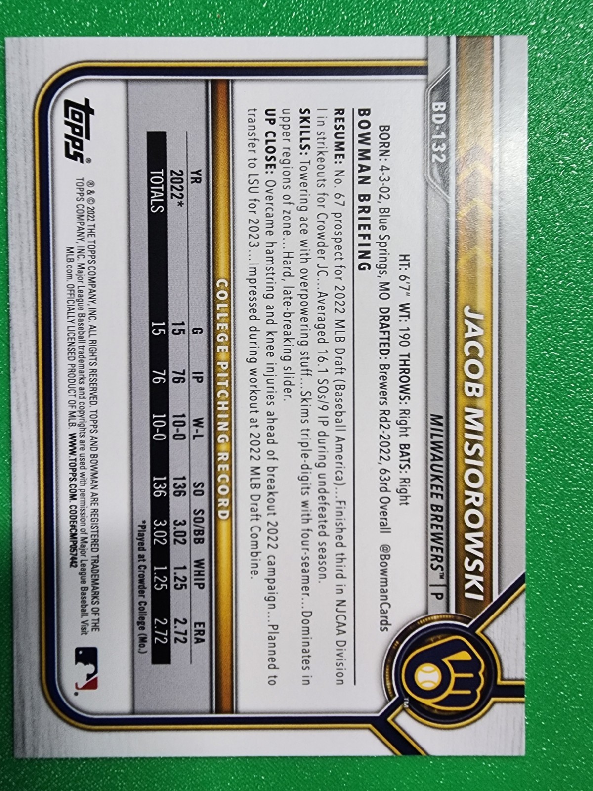 2022 Bowman Draft 1st Edition #BD-132 – Jacob Misiorowski 1st rookie Brewers rc