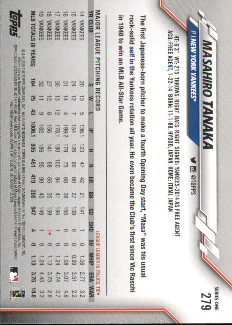 2020 Topps #279 Masahiro Tanaka – BB